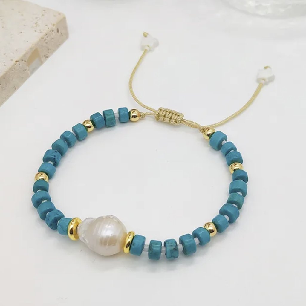 White Baroque Pearl Turquoise Gemstone Beaded Adjustable Coquette Bracelet New 18$